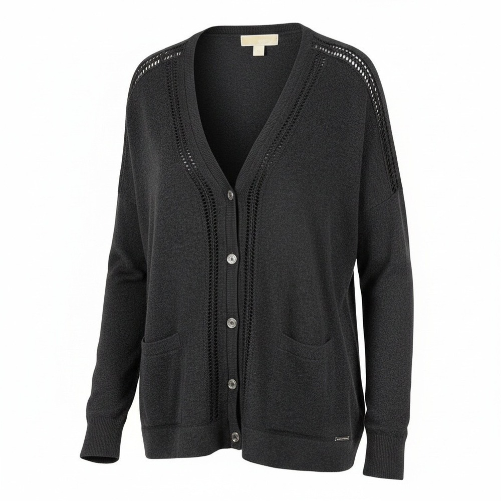 Michael Kors Womens Charcoal Grey Crochet Trim Button Front Cardigan Sweater XL